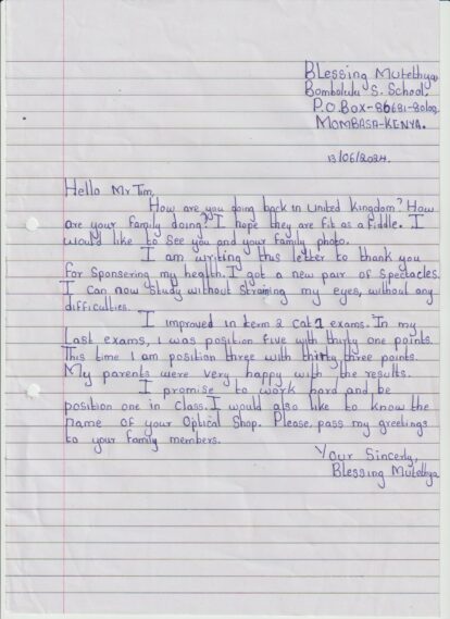 Letter from our student Blessing thanking our supporter Tim for her eye test and new glasses